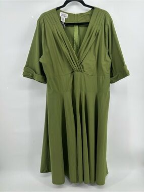 Unique Vintage Plus Size Olive Green Delores Swing Dress with Sleeves Sz 5X NWOT
